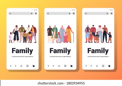 set mix race multi generation families happy grandparents parents and children standing together full length smartphone screens collection copy space vector illustration