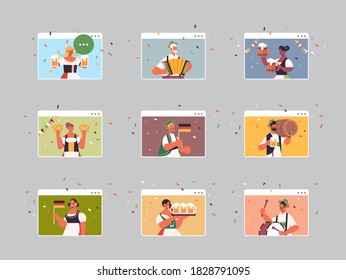 set mix race people celebrating Oktoberfest festival men women in web browser windows having fun portrait horizontal vector illustration