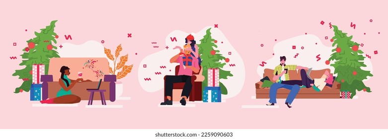 set mix race people celebrating new year near decorated fir tree christmas holidays celebration concept