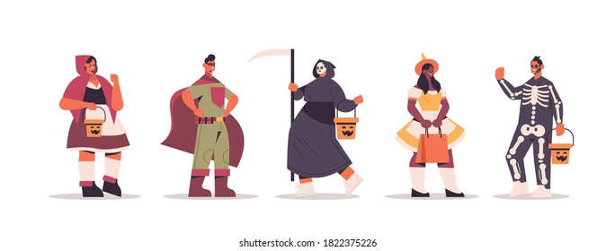 set mix race people in different costumes standing together happy halloween party celebration concept flat full length horizontal vector illustration
