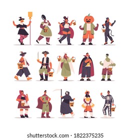 conjunto mezcla personas de raza con diferentes disfraces parados juntos feliz concepto de celebración de fiesta de halloween imagen vectorial de longitud completa