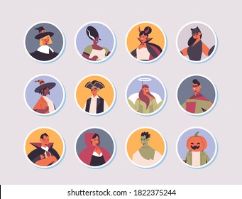 set mix race people in different costumes happy halloween party celebration concept men women avatars collection flat portrait vector illustration