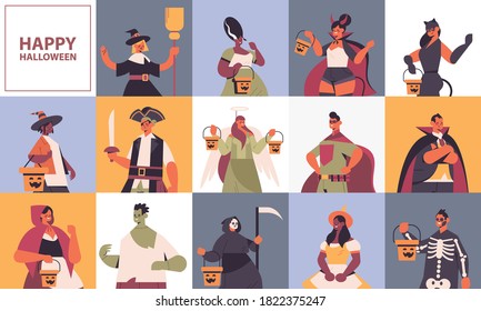 set mix personas con diferentes disfraces feliz concepto de fiesta de halloween lindo hombres mujeres avatares colección copia espacio retrato plano ilustración horizontal vector