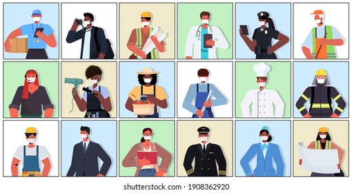 set mix race people of different occupations wearing masks to prevent coronavirus pandemic labor day celebration concept portraits collection horizontal vector illustration