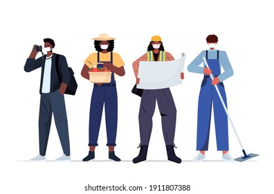 Set Mix Race People Of Different Occupations Wearing Masks To Prevent Coronavirus Pandemic Labor Day Celebration Concept Workers In Uniform Standing Together Full Length Horizontal Vector Illustration