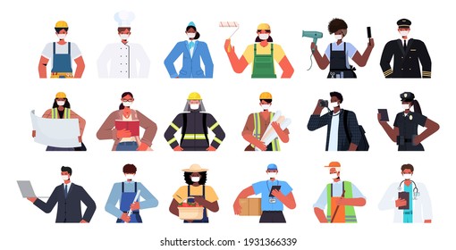 set mix race people of different occupations wearing masks to prevent coronavirus pandemic self isolation labor day celebration concept portraits collection horizontal vector illustration