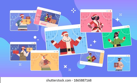 set mix race people discussing during video call happy new year merry christmas holidays celebration concept web browser window self isolation online communication portrait horizontal vector