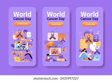 set mix race people discussing during online conference purple ribbon world cancer day breast disease awareness prevention poster
