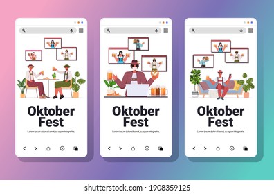 set mix race people drinking beer discussing with friends during video call Oktoberfest party celebration coronavirus quarantine self isolation concept smartphone screens collection vector