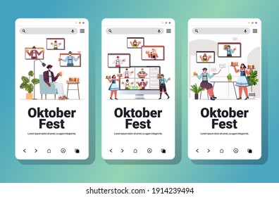 set mix race people drinking beer discussing with friends during video call Oktoberfest party celebration coronavirus quarantine self isolation concept smartphone screens collection vector