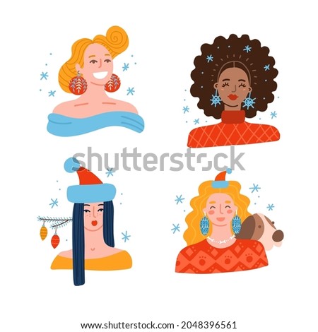 Set mix race people faces with red hat happy new year merry christmas concept. Female cartoon character portrait collection on white background. Flat hand drawn vector illustration