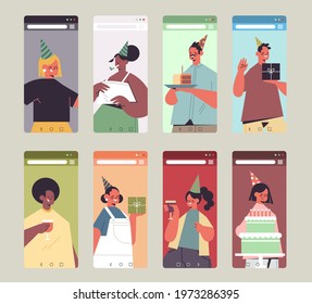 set mix race people in festive hats celebrating online birthday party happy men women in smartphone screens