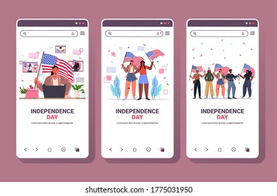 set mix race people holding usa flags celebrating 4th of july independence day concept smartphone screens collection horizontal copy space vector illustration