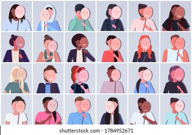 set mix race people holding positive masks men women group covering face emotions behind masks fake feeling depression mental disorder concept avatars collection portrait horizontal vector