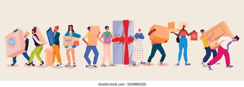 set mix race people holding cardboard boxes electronics store sales shopping concept horizontal