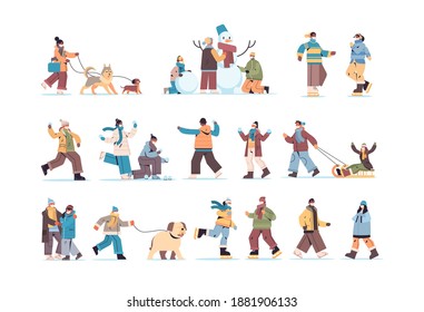 set mix race people in masks walking outdoor men women having winter fun outdoors activities coronavirus quarantine concept full length horizontal vector illustration