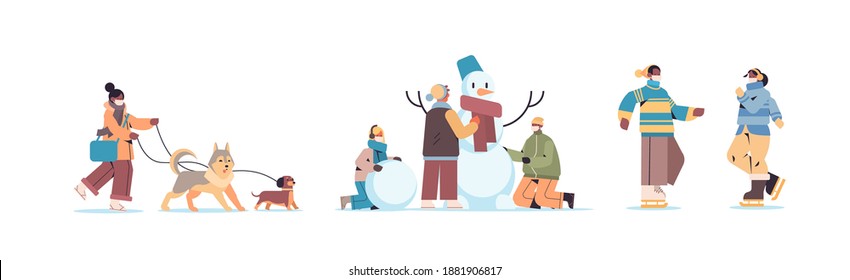 set mix race people in masks walking outdoor men women having winter fun outdoors activities coronavirus quarantine concept full length horizontal vector illustration