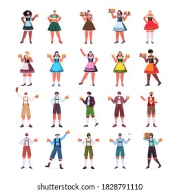 set mix race people in medical masks holding beer mugs Oktoberfest party celebration coronavirus quarantine concept men women traditional clothes collection full length vector illustration