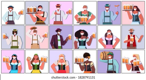 set mix race people in medical masks holding beer mugs Oktoberfest party celebration coronavirus quarantine concept men women in german traditional clothes portraits collection horizontal vector