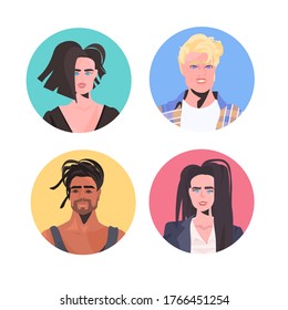 set mix race people profile avatars beautiful man woman faces male female cartoon characters collection portrait vector illustration