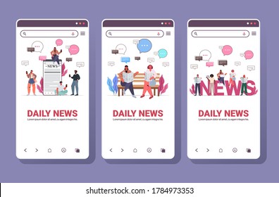 set mix race people reading newspapers and discussing daily news chat bubble communication concept smartphone screens collection full length copy space horizontal vector illustration