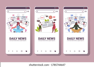 set mix race people reading and discussing daily news chat bubble communication concept smartphone screens collection full length copy space horizontal vector illustration