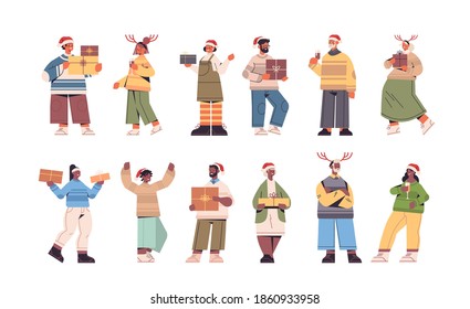 set mix race people in santa claus hats having fun with presents gift boxes happy new year and merry christmas holidays celebration concept horizontal full length vector illustration