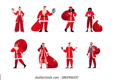 set mix race people in santa claus costumes wearing protective masks new year christmas holidays celebration coronavirus quarantine concept full length horizontal vector illustration