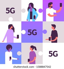 set mix race people using smartphones 5G online wireless system connection internet communication concept men women avatars collection puzzle jigsaw portrait vector illustration