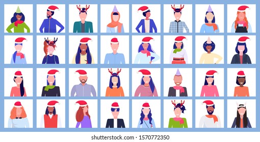 set mix race people wearing santa hats and horns profile icon new year christmas holiday set men women avatar portrait male female faces collection horizontal vector illustration