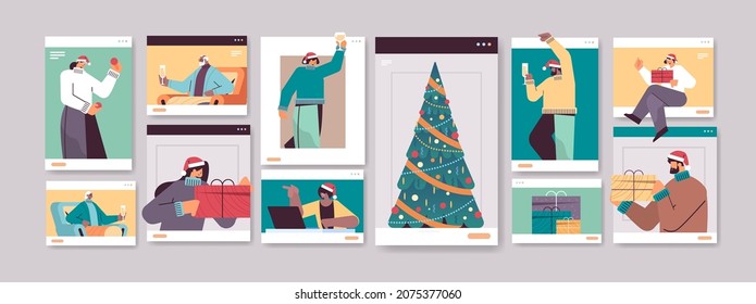 set mix race people in web browser windows celebrating new year christmas holidays during video call self isolation