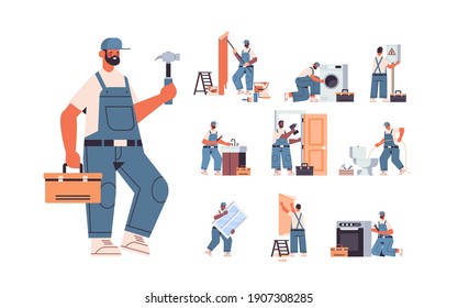 set mix race professional repairmen in uniform making house renovation home maintenance repair service concept full length horizontal isolated vector illustration