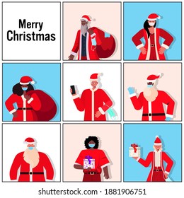 set mix race santa men women in masks new year christmas holidays celebration coronavirus quarantine concept portrait vector illustration