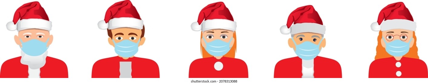 set mix race santa men women in masks new year christmas holidays celebration coronavirus quarantine concept avatars collection horizontal portrait vector illustration
