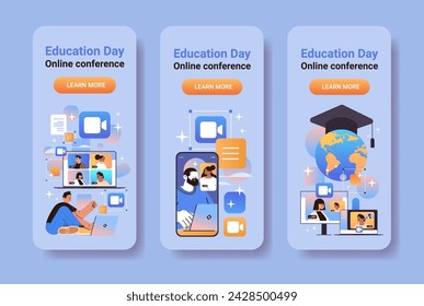 set mix race students having online conference during video call education day live webinar e-learning concept