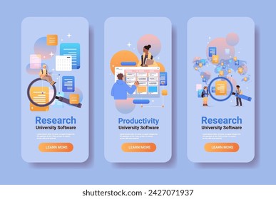 set mix race students holding magnifying glass online research e-learning distance education productivity concept