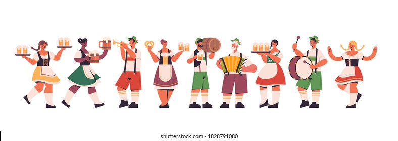 set mix machetones sujetando tazas de cerveza concepto de celebración de fiesta Oktoberfest gente con ropa tradicional alemana divertida a lo largo de distancia aislado ilustración vectorial horizontal