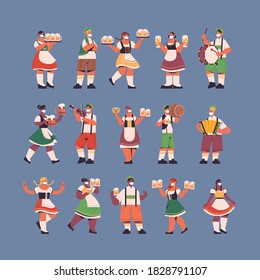 set mix race waiters holding beer mugs Oktoberfest party celebration concept happy people in german traditional clothes having fun full length vector illustration