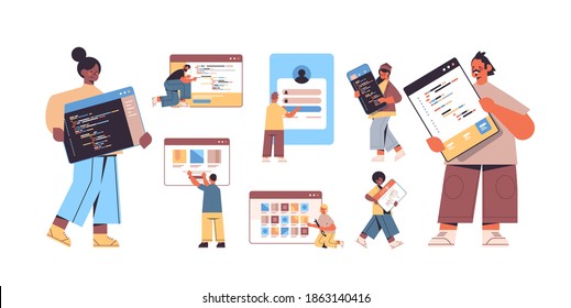 set mix race web developers creating program code application development software programming concept full length horizontal vector illustration