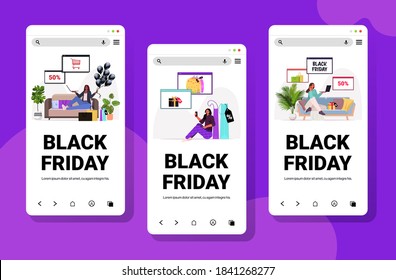 set mix race women choosing andd buying goods online shopping black friday big sale holiday discounts concept smartphone screens collection full length copy space horizontal vector illustration