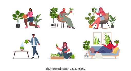 set mix race women taking care of houseplants mix race housewives collection full length vector illustration