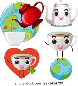 Set of mix tea cartoon illustration