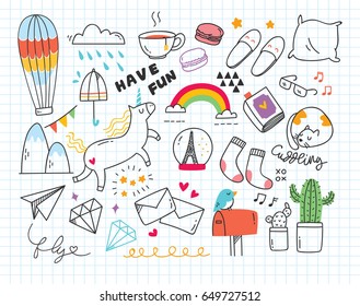Set of mix various object in doodle on paper background