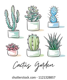 Set of mixed colorful succulents and cactus plants in garden pottery with hand written font. Hand drawn doodle sketch vector illustration.