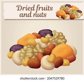 Set of mixed dried fruits and nuts vector icon. Healthy snack food cartoon illustration