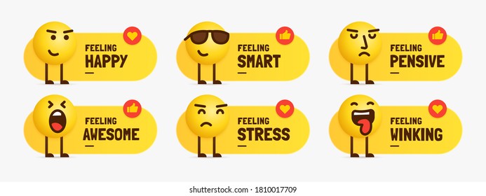 Set of mixed feeling emoji characters standing with text label