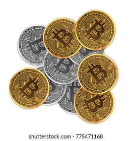 Set of mixed gold and silver crypto currency coins with bitcoin symbol on obverse isolated on white background. Vector illustration. Use for logos, print products, page and web decor or other design.