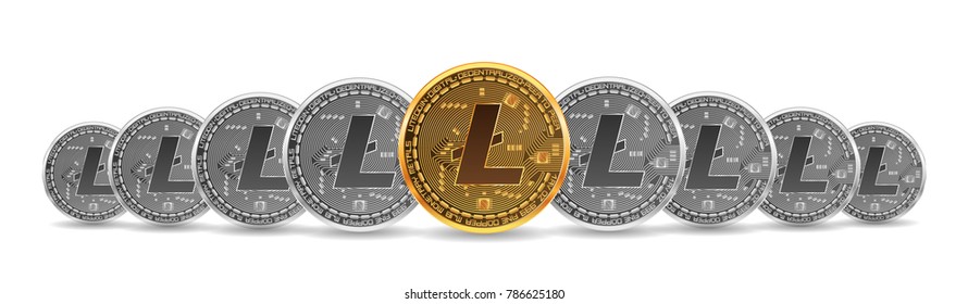 Set of mixed gold and silver crypto currency coins with litecoin symbol on obverse isolated on white background. Vector illustration. Use for logos, print products, page and web decor or other design.