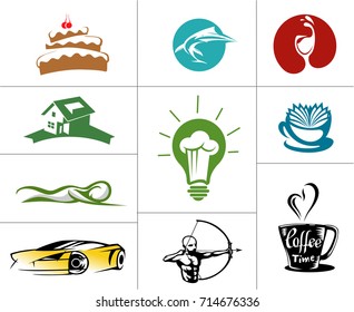 Set of mixed logos, wine, archery, bakery, food truck, automobile, chef cap, salon and gym, food and entertainment, vector illustration