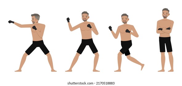 Set of Mixed Martial Arts man character vector design. Presentation in various action with emotions, running, standing and walking.